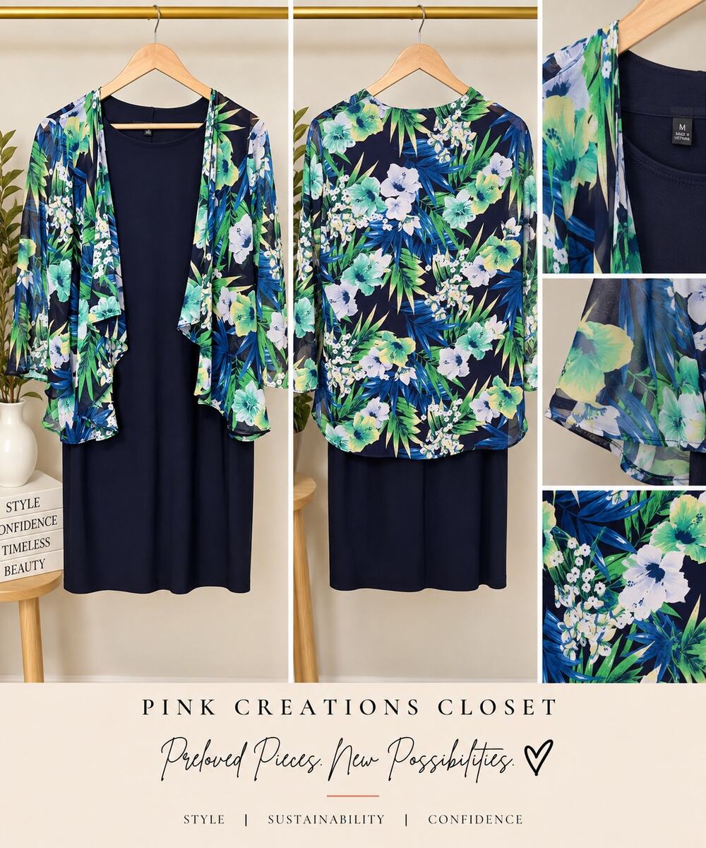 NEW- Tiana B. Womens Sheath Dress Size 12 Navy Floral 3/4 Sleeve Scoop Neck